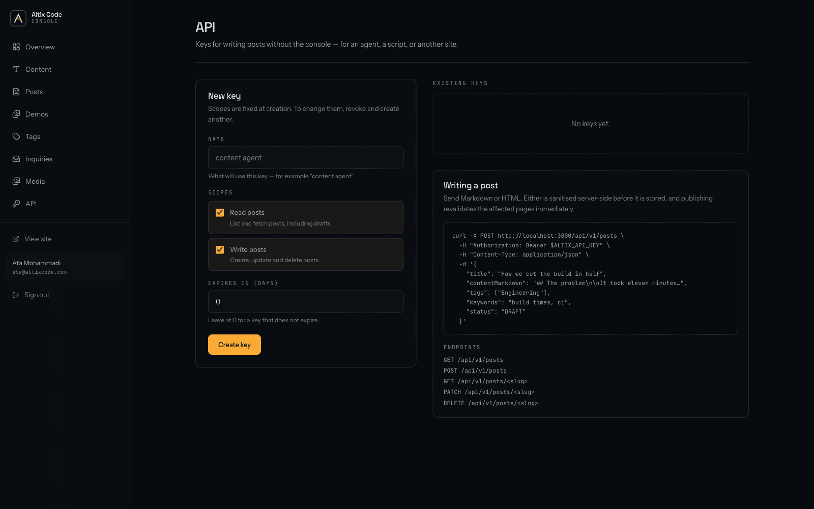 The API key console