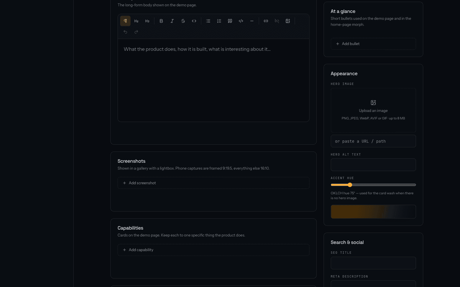 The product page editor showing screenshot and capability rows