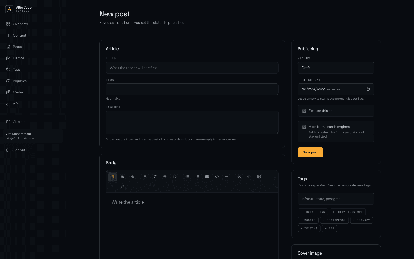 The article editor with its formatting toolbar and SEO fields