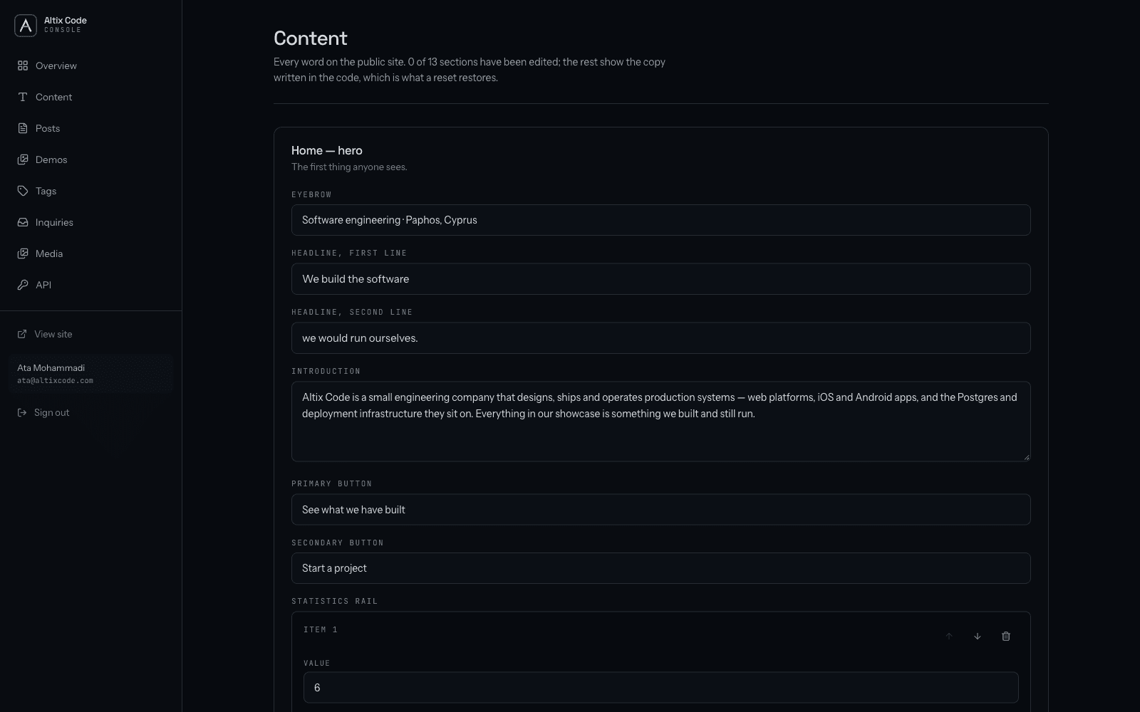 The content console, showing the editable copy for the home page hero